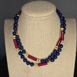 Vintage Venetian Trade Bead Necklace - Blue Chevron & Red Whiteheart Glass